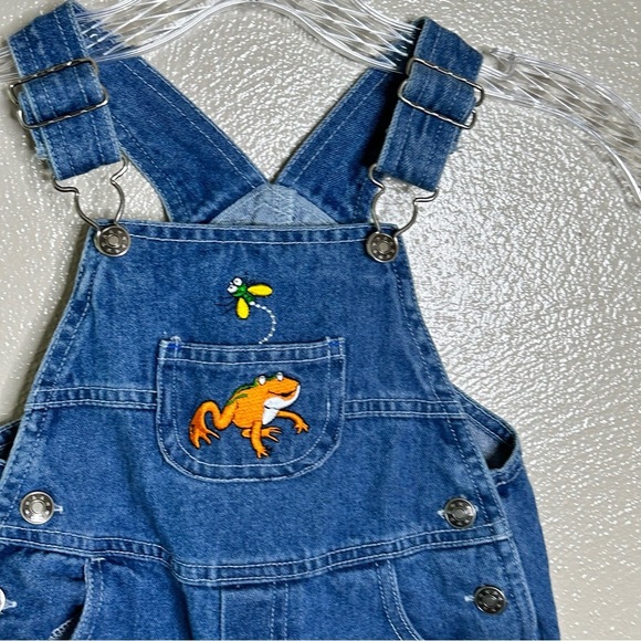 Simply Basic Denim Embroidered Frogs Overall Shorts Size 18 Months - Picture 2 of 8